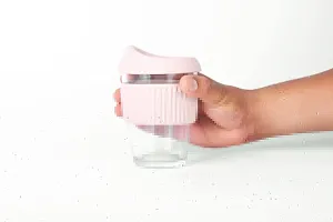 we3 Glass Tumbler to Go, Reusable Coffee & Tea Cup, Insulated, Clear Travel Mug with Anti-Splash Silicone Lid and Non-Slip Sleeve, 300ml Pink Pack of 1-thumb3