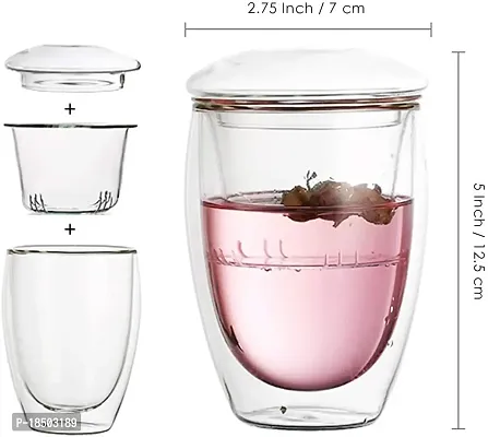 we3 Tea Cup Heat Resistant Double Layer Glass Crystal Clear Borosilicate with Infuser  Lid,Tea Mug,350ml-thumb2