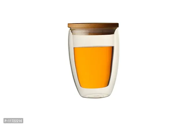 we3 Double Wall Thermal Insulated Mug for Drinking Tea,Coffee,Espresso,Juice,Wine,Latte, Cappuccino Stackable Glass Cup with Bamboo Lid 350 ML Each. (7A Pack of 1)