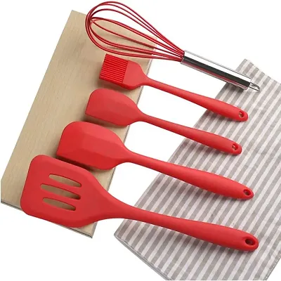 Red Heat Resistant Cooking Utensil Set from Nonstick Silicone