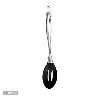 we3 Kitchen Silicone Mixing Spoon,Cooking Utensils Silicone Serving Spoon with Heat Resistant Silicone Covering Head and Stay-Cool Stainless Steel Handles|Steel Spoon with Hole 35 cm Long| (Black)-thumb0