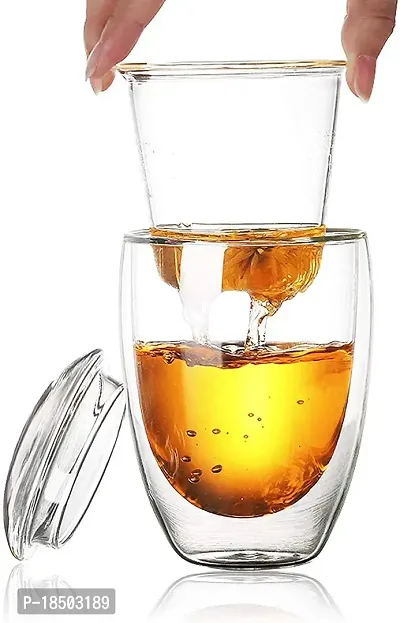 we3 Tea Cup Heat Resistant Double Layer Glass Crystal Clear Borosilicate with Infuser  Lid,Tea Mug,350ml