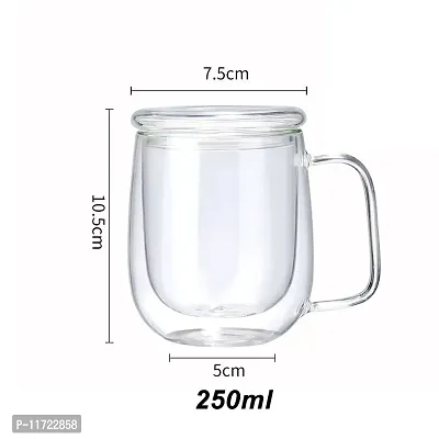 we3 Glass Coffee & Tea Cup Mug with Glass Lid, Double Wall Borosilicate Glass Latte Espresso Mug with Insulated Handle, Dishwasher Safe, 250ml (Pack of 1)-thumb2