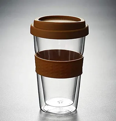 we3 Reusable Coffee Mug 350ml Double-Layer Heat-Resistant Handicraft Glass Tea/Coffee Cup sip lid for Natural Test Insulation for hot & Cold Beverages Office Cup with Silicone Cover.