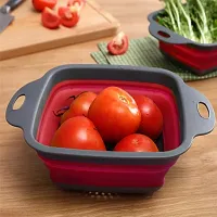 we3 Set of 2 pcs Foldable Silicone Colander Fruit Vegetable Washing Basket Strainer Collapsible Drainer with Handle Kitchen Tool. (Red)-thumb1