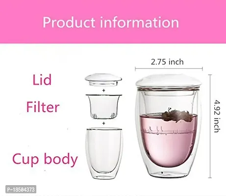 we3 Glass Tea And Coffee Cup Mug With Lid And Tea Infuser - 3 Pieces, Clear, 350 ml-thumb5