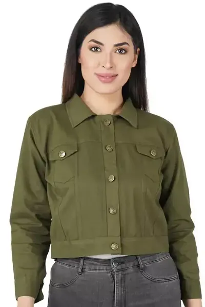 Stylish Green Solid Denim Jacket For Women