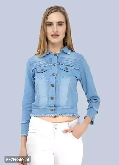 Stylish Blue Solid Denim Jacket For Women-thumb0