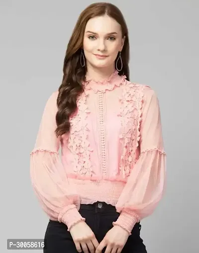 Elegant Pink Net Solid Top For Women