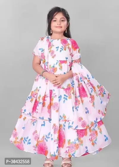 Alluring White Cotton Printed Ethnic Gowns For Girls-thumb0