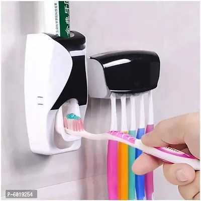 Toothbrush Holder with Cover Automatic Toothpaste Dispenser Set Dustproof with 3M Sticky Suction Pad Wall Mounted-thumb0
