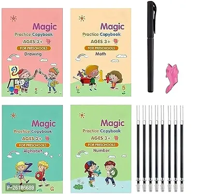 Sank Magic Practice Copybook (4 BOOK + 10 REFILL+ 1 Pen +1 Grip) Number Tracing Book for Preschoolers with Pen Magic Calligraphy Copybook Set Practical Reusable Hand Writing