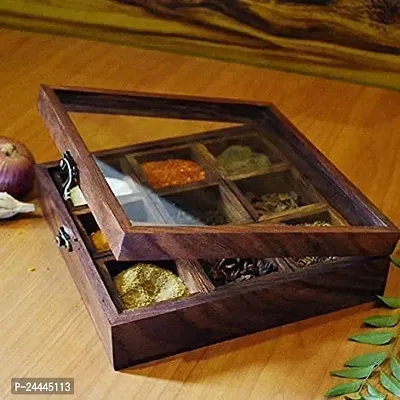 Wedrecto Sheesham Wood Spice Box With Spoon, Wooden Masala Box, Masala Dabba (Unbreakable Toughened Lid)-thumb0