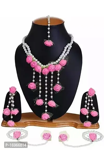 Traditional Pink Flower Jewellery Set For Women