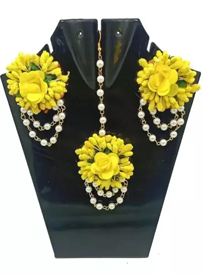 STYLE REVOLVER Women`s Earring & Maang Tikka Set For Haldi, Mehndi, Sangeet, Godbharari, Maternity Shoot(FK_Fabric Jewel Set (Yellow) earrings)