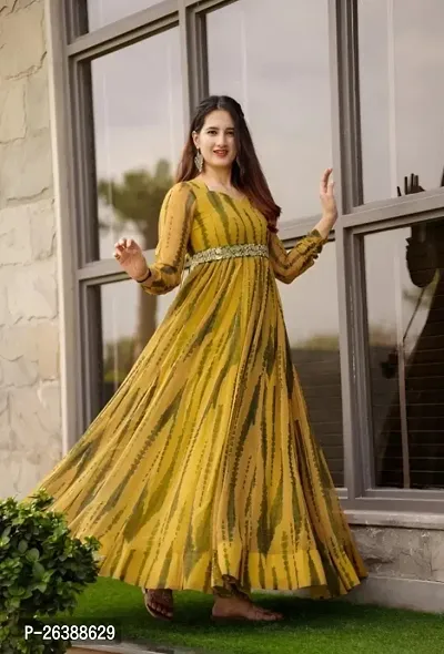 Elegant Yellow Georgette Indo-Western Gown For Women-thumb0