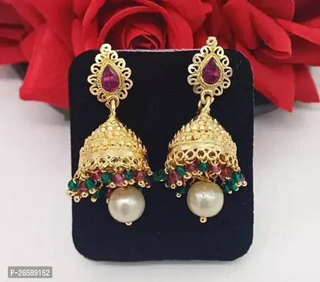 Golden Alloy Pearl Jhumkas Earrings For Women-thumb0