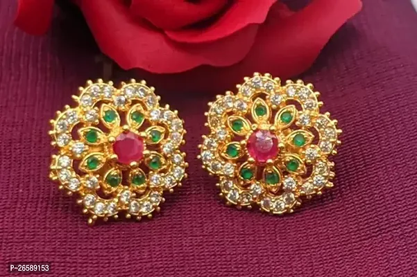 Golden Alloy Cubic Zirconia Studs Earrings For Women