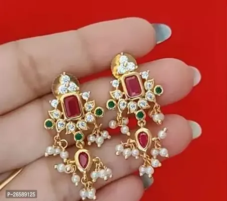 Red Alloy Cubic Zirconia Chandbalis Earrings For Women-thumb0