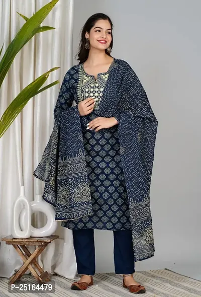 Stylish Navy Blue Rayon Kurta, Bottom and Dupatta Set For Women-thumb0