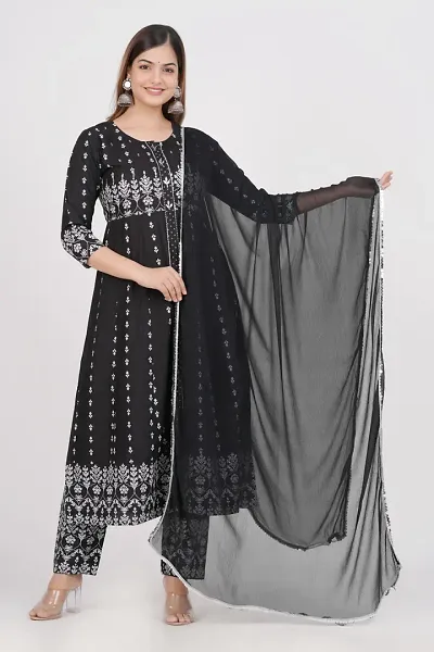 Stylish Rayon Straight Kurta, Bottom and Dupatta Set For Women