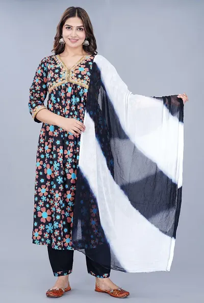 Stylish Rayon Straight Printed Kurta with Bottom And Dupatta Set