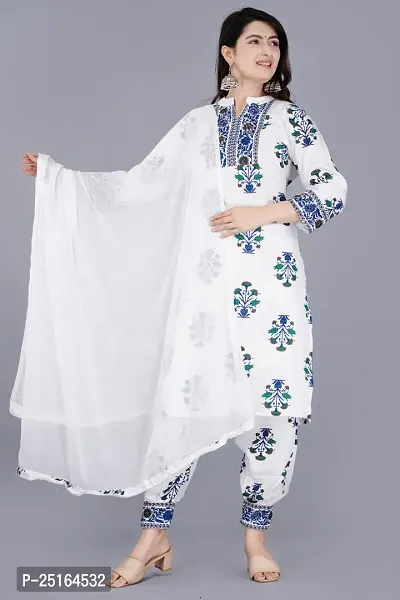 Stylish White Rayon Kurta, Bottom and Dupatta Set For Women