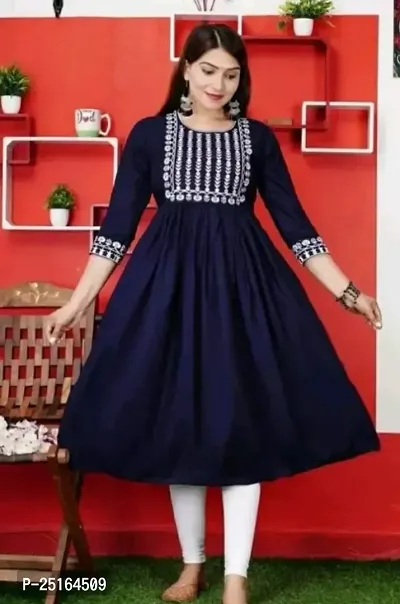 Stylish Navy Blue Rayon Stitched Ethnic Gown For Women-thumb0