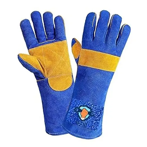 QTM Industries Animal Handling Leather Gloves, Kevlar Gauntlet, Blue and Yellow