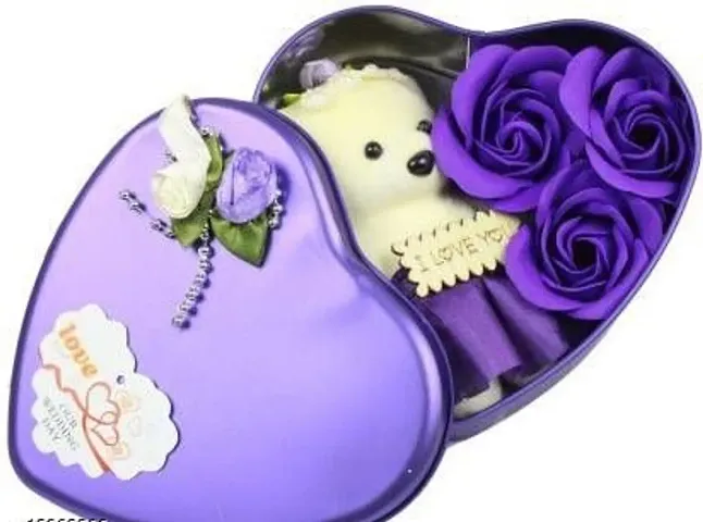Love Gift Heart Shape Box With Teddy And Purple Roses For Girls