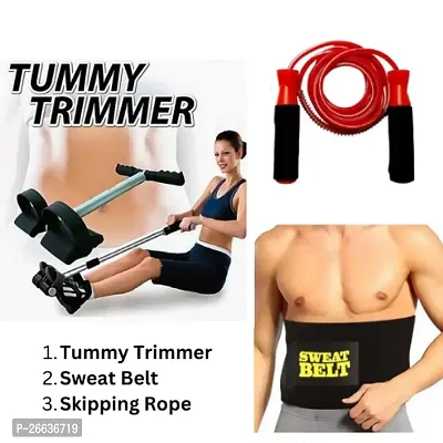 Tummy Trimmer Single Spring Ab Exerciser Fat Burner for Men  Women Ab Exerciser (Black) WITH silm sweat belt and skipping rope pack of 3