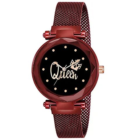 Queen Design Diamond Studded Dial Mesh Magnet Trap Watch For women/Girls