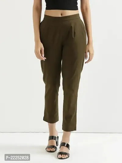 Elegant Green Cotton Solid Trousers For Women