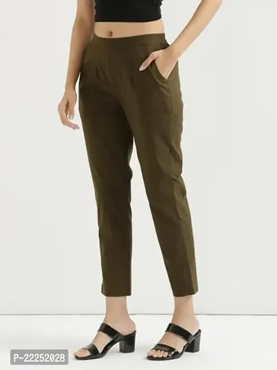 Elegant Green Cotton Solid Trousers For Women-thumb3