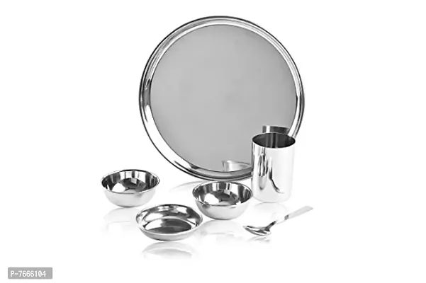 Endurance Stainless Steel Dinner Lunch Thali Bhojan Set Made with Steel, 6 Pieces (Dinner Plate, Halwa Plate, 2 Katori Bowl, Glass, Spoon)-thumb0