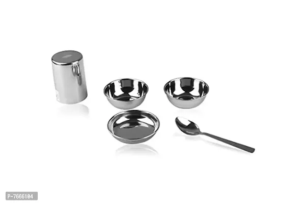 Endurance Stainless Steel Dinner Lunch Thali Bhojan Set Made with Steel, 6 Pieces (Dinner Plate, Halwa Plate, 2 Katori Bowl, Glass, Spoon)-thumb2