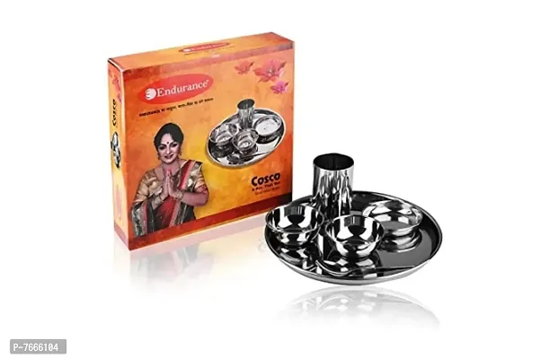 Endurance Stainless Steel Dinner Lunch Thali Bhojan Set Made with Steel, 6 Pieces (Dinner Plate, Halwa Plate, 2 Katori Bowl, Glass, Spoon)-thumb4