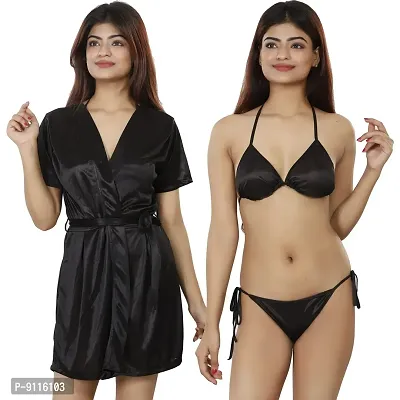 Nivcy Women Satin Nightwear Combo of Two Robe Knots  Tie-Up/Lingerie Set/ Stylish in This Nightwear from Color Black (X-Large)-thumb0