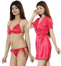 Nivcy Women Satin Nightwear Combo of Two Robe Knots  Tie-Up/Lingerie Set/ Stylish in This Nightwear from Color True Red (Large)-thumb3