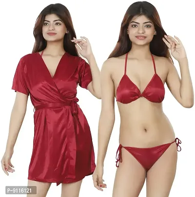 Nivcy Women Satin Nightwear Combo of Two Robe Knots  Tie-Up/Lingerie Set/ Stylish in This Nightwear from Color Maroon (X-Large)-thumb0