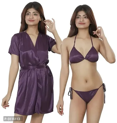 Nivcy Women Satin Nightwear Combo of Two Robe Knots  Tie-Up/Lingerie Set/ Stylish in This Nightwear from Color Dark Purple (Medium)-thumb0