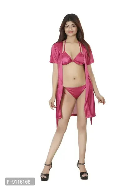 Nivcy Women Satin Nightwear Combo of Two Robe Knots  Tie-Up/Lingerie Set/ Stylish in This Nightwear from Color Dark Pink (X-Large)-thumb2