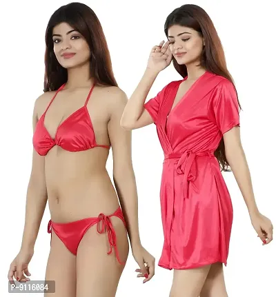 Nivcy Women Satin Nightwear Combo of Two Robe Knots  Tie-Up/Lingerie Set/ Stylish in This Nightwear from Color True Red (Medium)-thumb4