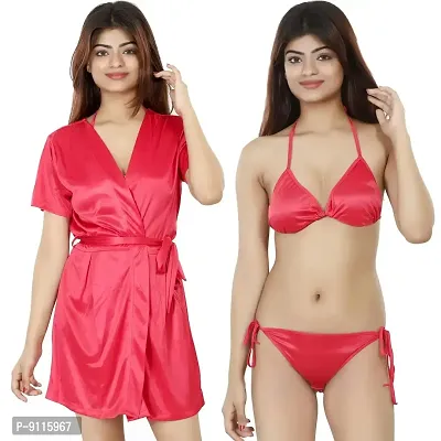 Nivcy Women Satin Nightwear Combo of Two Robe Knots  Tie-Up/Lingerie Set/ Stylish in This Nightwear from Color True Red (Large)-thumb0