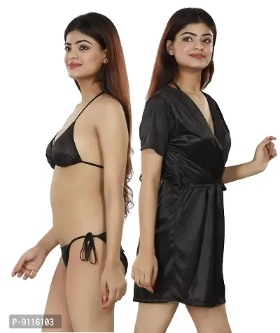 Nivcy Women Satin Nightwear Combo of Two Robe Knots  Tie-Up/Lingerie Set/ Stylish in This Nightwear from Color Black (X-Large)-thumb4