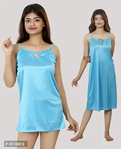 Nivcy Women Satin Soft Material Nightwear Combo of Two Square Neck Above Knee Nighties/Knee Length Nighties/ Relaxed at Day Night Both/ Color Ocean Blue