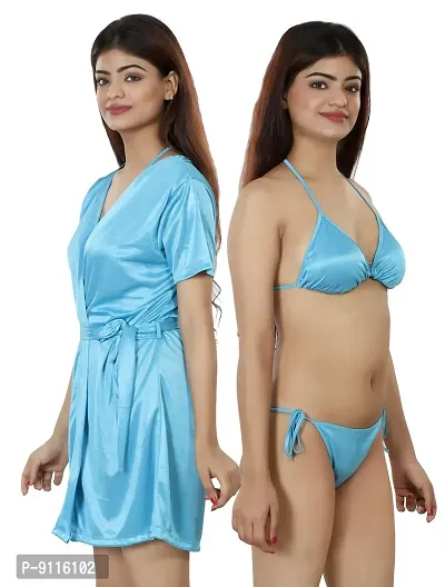 Nivcy Women Satin Nightwear Combo of Two Robe Knots  Tie-Up/Lingerie Set/ Stylish in This Nightwear from Color Ocean Blue (Large)-thumb4