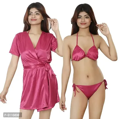 Nivcy Women Satin Nightwear Combo of Two Robe Knots  Tie-Up/Lingerie Set/ Stylish in This Nightwear from Color Dark Pink (Small)-thumb0