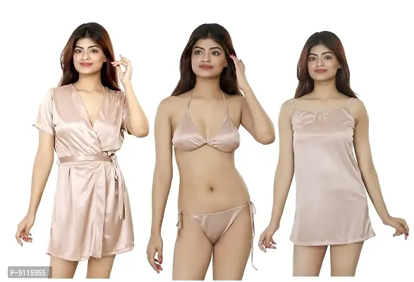 Nivcy Women's Satin Nighwear's Combo Three for Robe/Lingerie Set/Short Nighties Use for Honeymoon/Bridal Set/Sexy Swimwear/Relaxed at Home and Comfortable Color Beige (XX-Large)