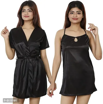 Nivcy Women Satin Nightwear Combo of Two Robe Knots  Tie-Up/Nighties/ Stylish Nightwear for Women's / Relaxed at Day Night Both Color Black (XX-Large)-thumb0